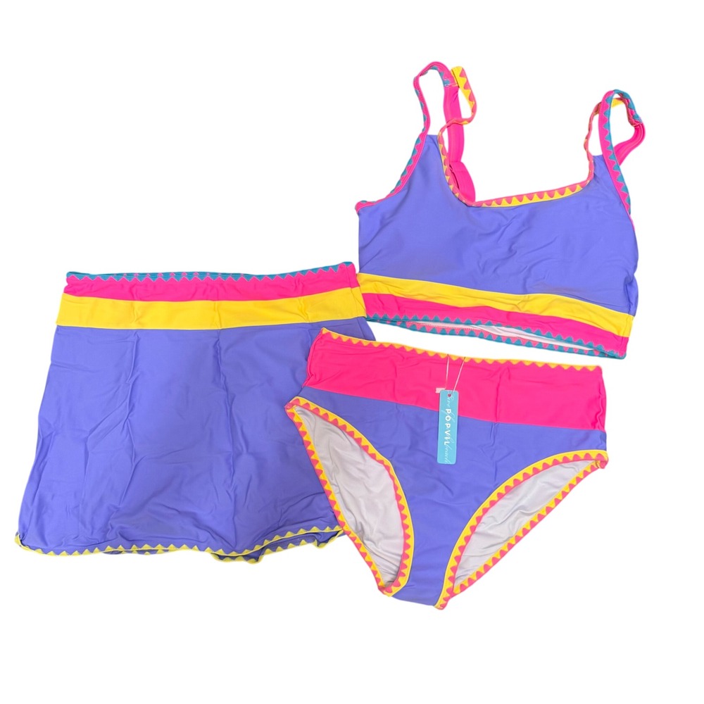 NWT Popvil 3 Piece High Waisted Bikini Set Neon Purple Pink Yellow Skirt Large - Picture 4 of 6